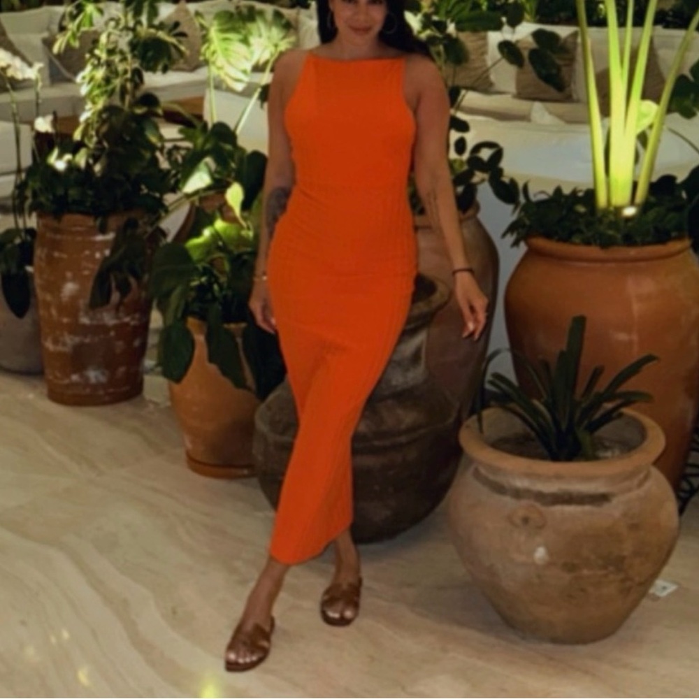 Zara Orange Ribbed Midi Dress